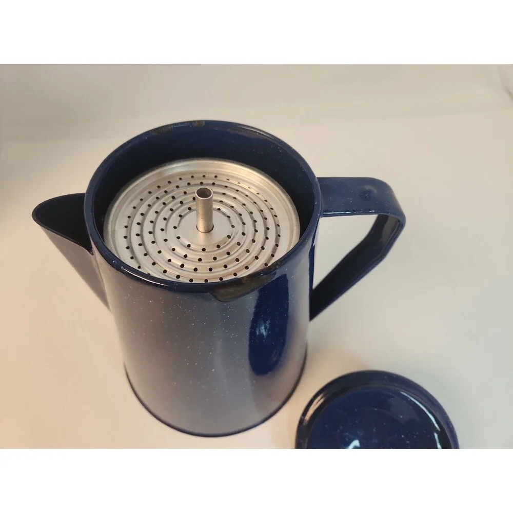 Enamel Coffee Pot Perculator 8 Cup Camp Coffee Pot Blue Speckled Enamel insert